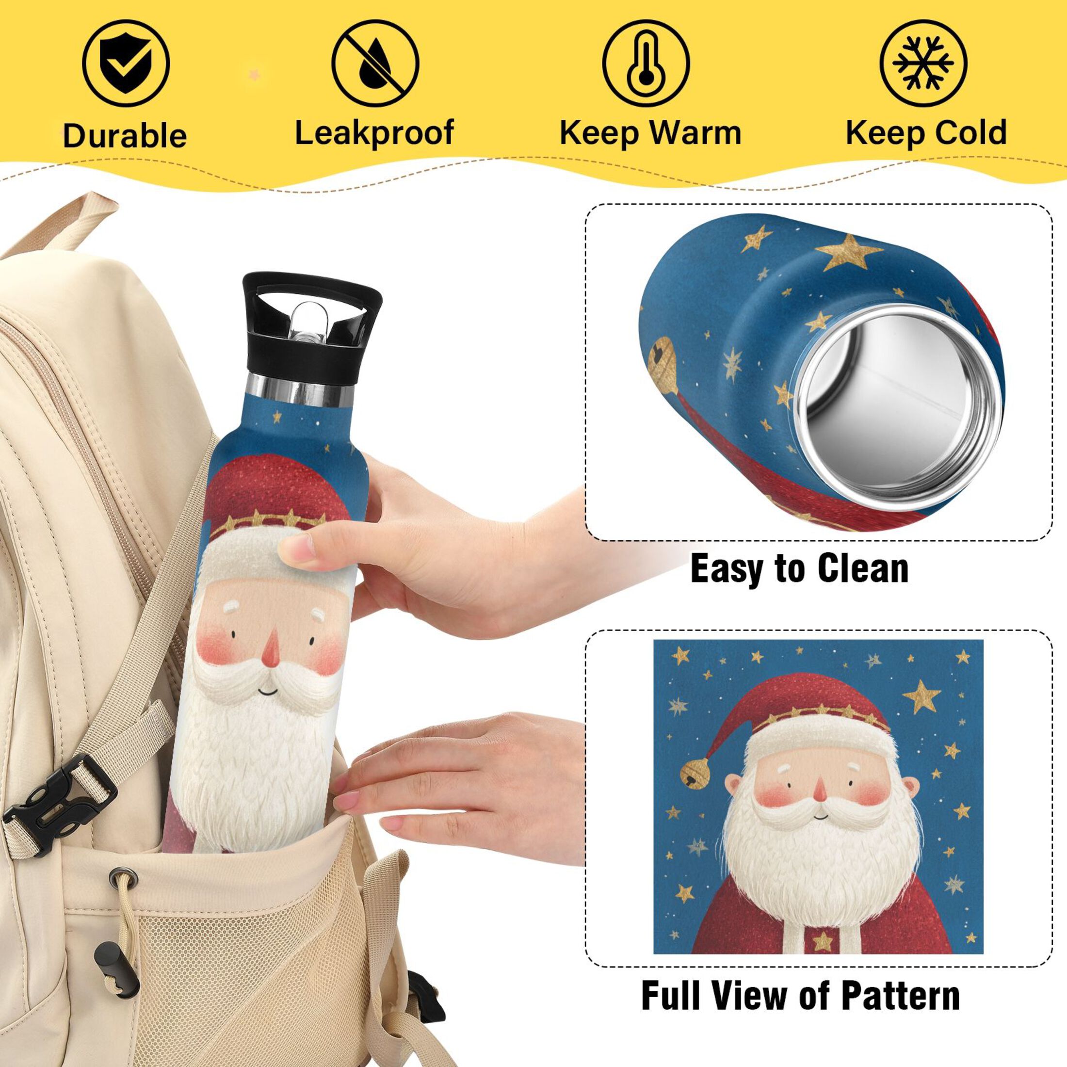 600ML Stainless Steel Insulated Cup Sports Water Bottle Portable Thermos Cup Water Glasses Insulated Tumblers Convenient and Durable Beautiful Santa Claus