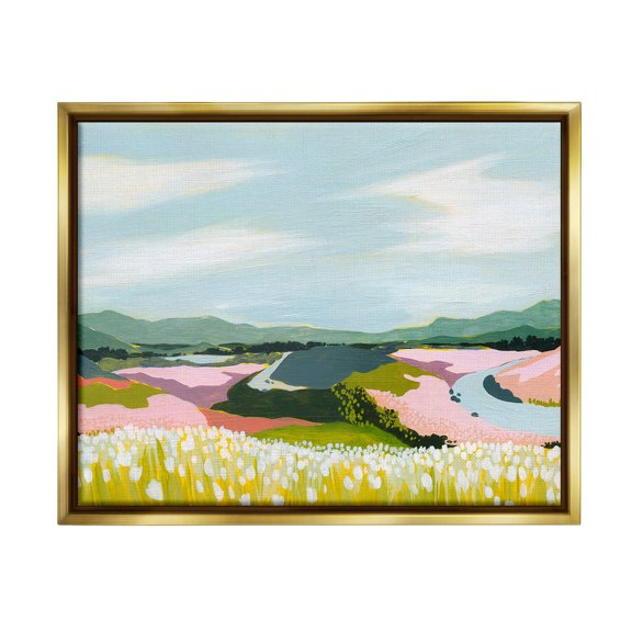 Stupell Industries Modern Mountain Stream Landscape Painting Gold Floater Framed Canvas Art Print Wall Art, 31 x 25