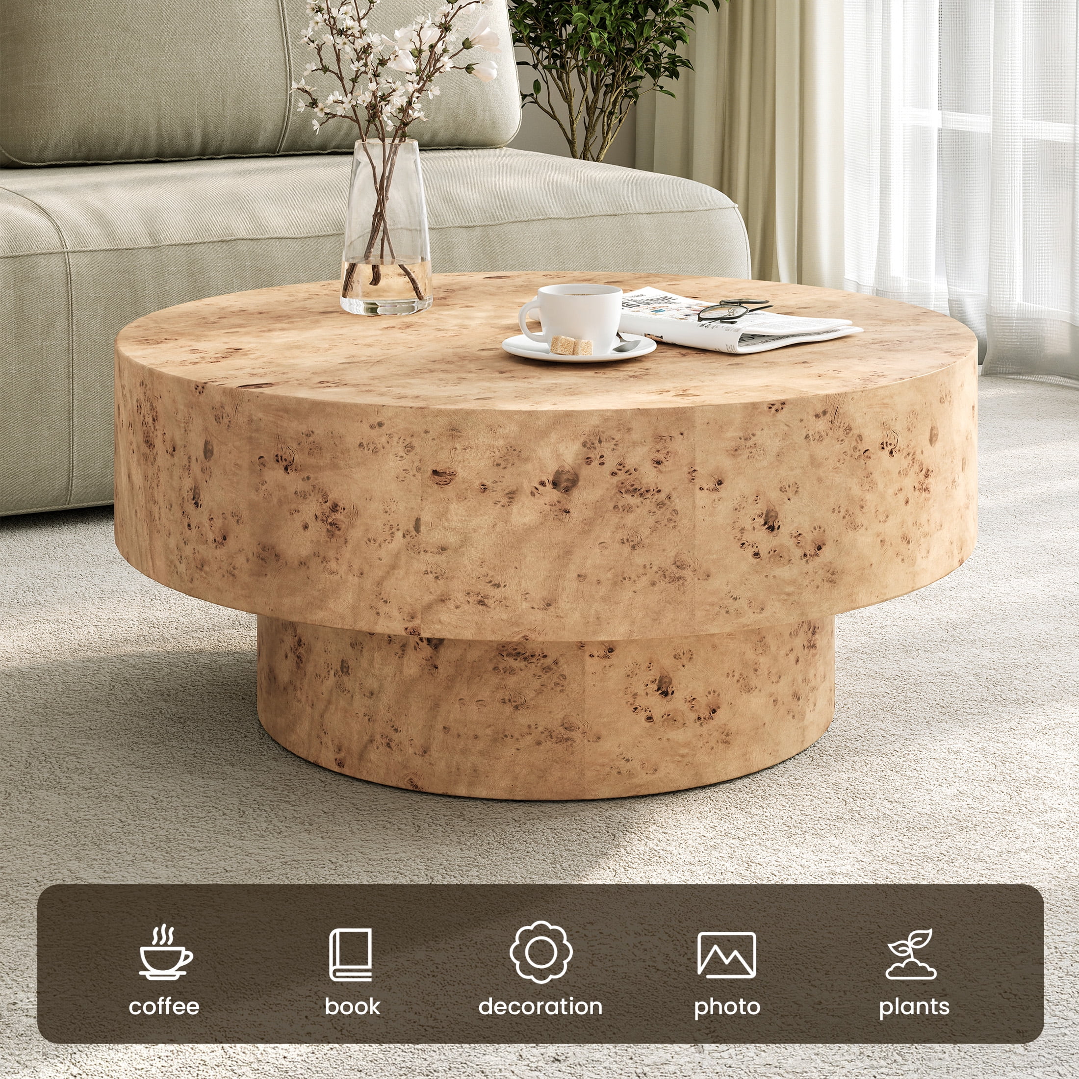 Gelloan 31.5" Round Coffee Table, Modern Drum Burl Coffee Tables for Living Room 31.5" Mid Century Wooden Pedestal Circle Accent Small Center Apartment Easy Assembly,Burl