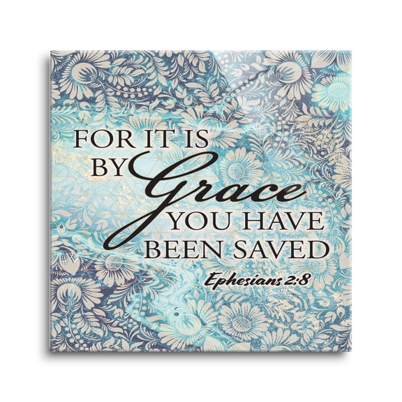 By Grace Saved Aqua Floral 12 x 12 Glass Wall Hanging Sign