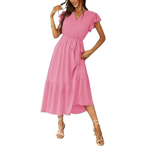 PRETTYGARDEN Women's Floral Boho Dress Wear To Work Wrap V Neck Short Sleeve Belted Ruffle Hem A-Line Flowy Maxi Dresses