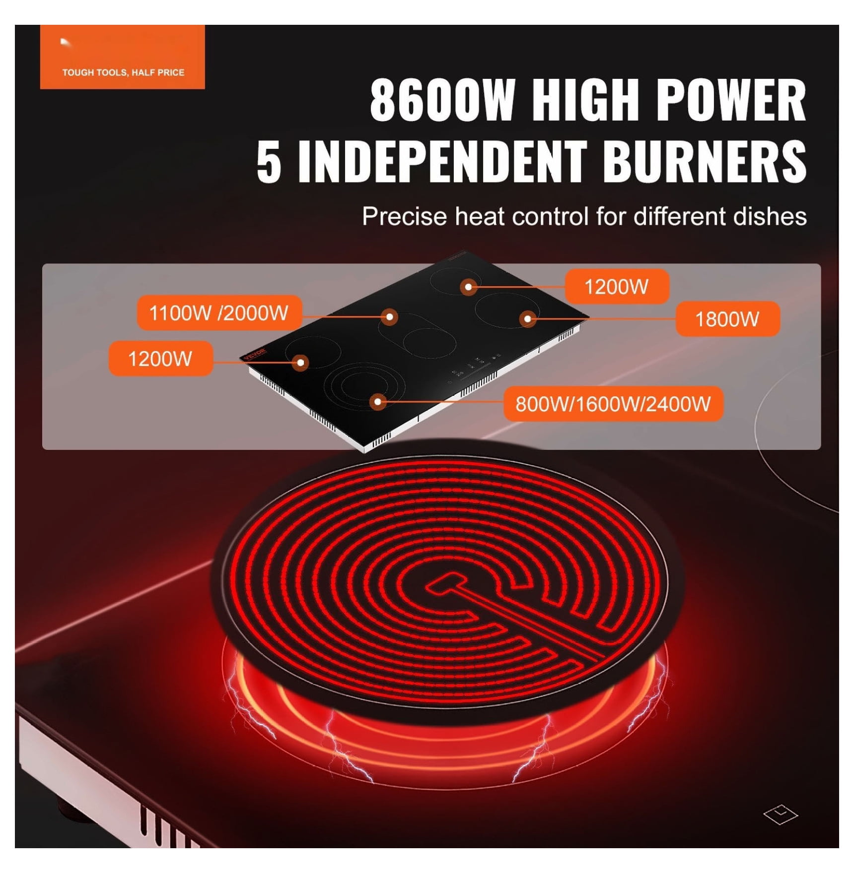 Electric Cooktop 36 Inch 5 Burners, Ceramic Radiant Cooktop Built-In Slide Control Panel, 9 Power Levels, Timer, Child Lock, Safety Features for Kitchen