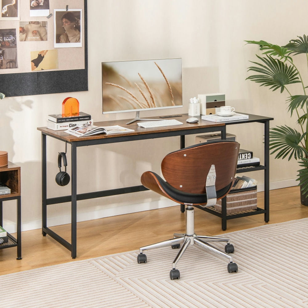 Demi Bonn 59" Home Office Computer Desk with Removable Storage Shelves, Small Home Office Desk Study Writing Table, Brown