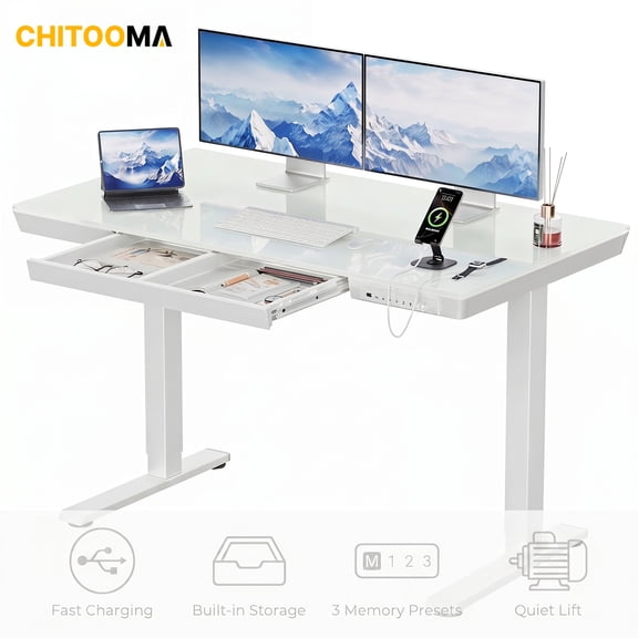 CHITOOMA Glass Top Electric Standing Desk with Drawer, 48'' x 24'' Electric Height Adjustable Desk with USB Charging Ports, Sit Stand up for Home Office