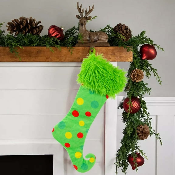 Christmas Elf Stocking, Polka Dot Green Christmas Stocking, Fuzzy Top Holiday Gift Bag, Fun Children’s Candy Gift Bag, Knitted Christmas Hosiery, Unique Holiday Decoration
