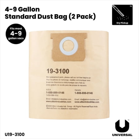 Universal Standard Dust Bag, 2-Pack, Fits 4 to 9 Gal Wet/Dry Vacuum Cleaners