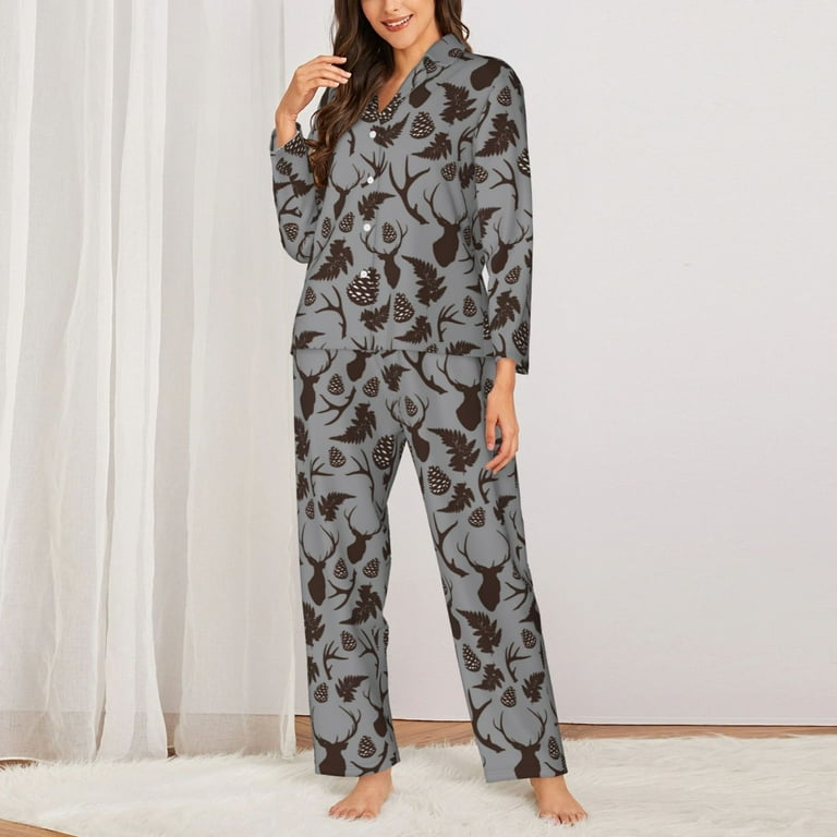 Lsque Brown Moose with Pinecones Pattern Long Sleeve Pajama Set