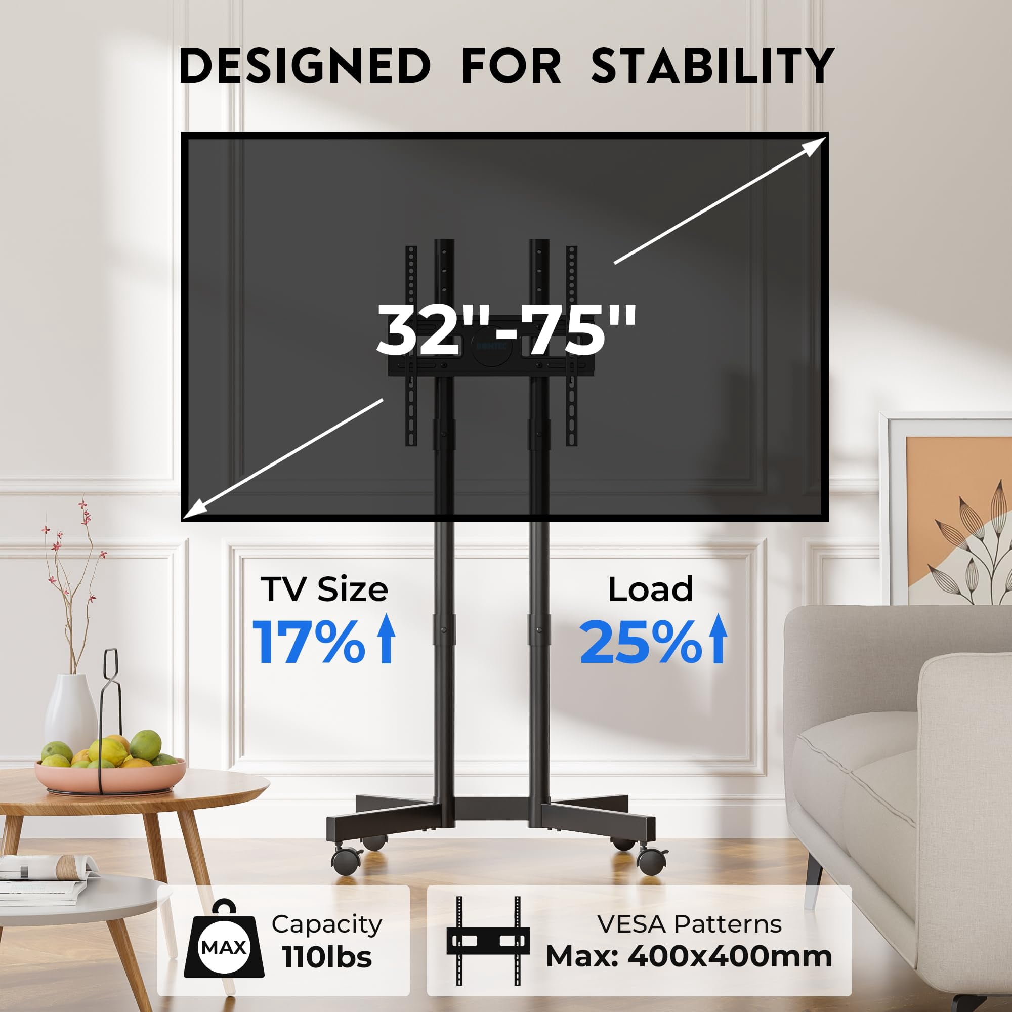 BONTEC Rolling TV Stand for 32-75 Inch TVs, Height Adjustable Mobile TV Cart on Wheels, Heavy Duty TV Stand Supports Up to 110lbs, Stable Dual-Column Design, Cable Management, Indoor, Outdoor