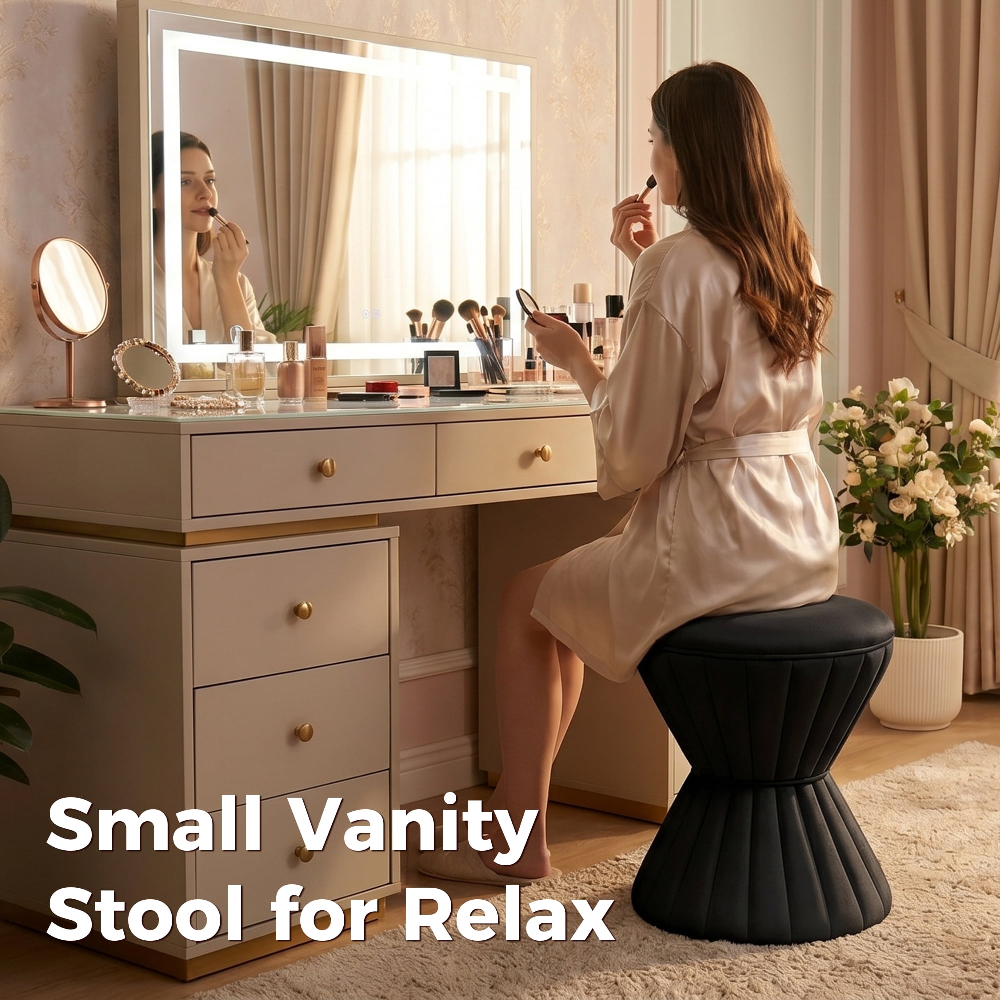 Multifunction Velvet Ottoman, Upholstered Vanity Stool Chair, Sturdy Round Footstool for Makeup, Living Room, Bedroom, Entryway