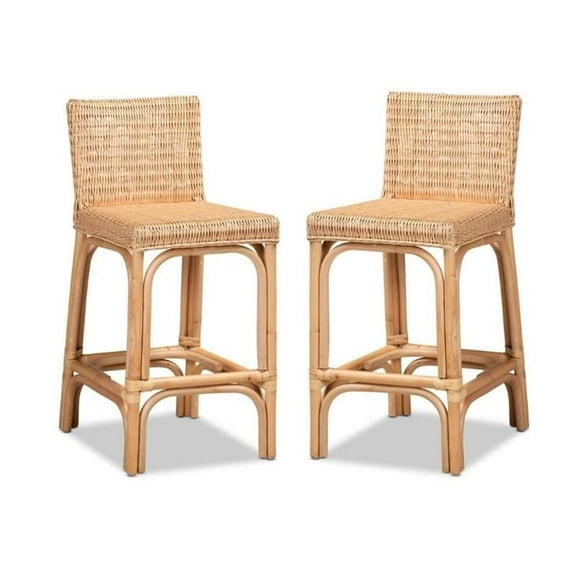 Home Square Woven Rattan Counter Stool with Footrest in Natural (Set of 2)