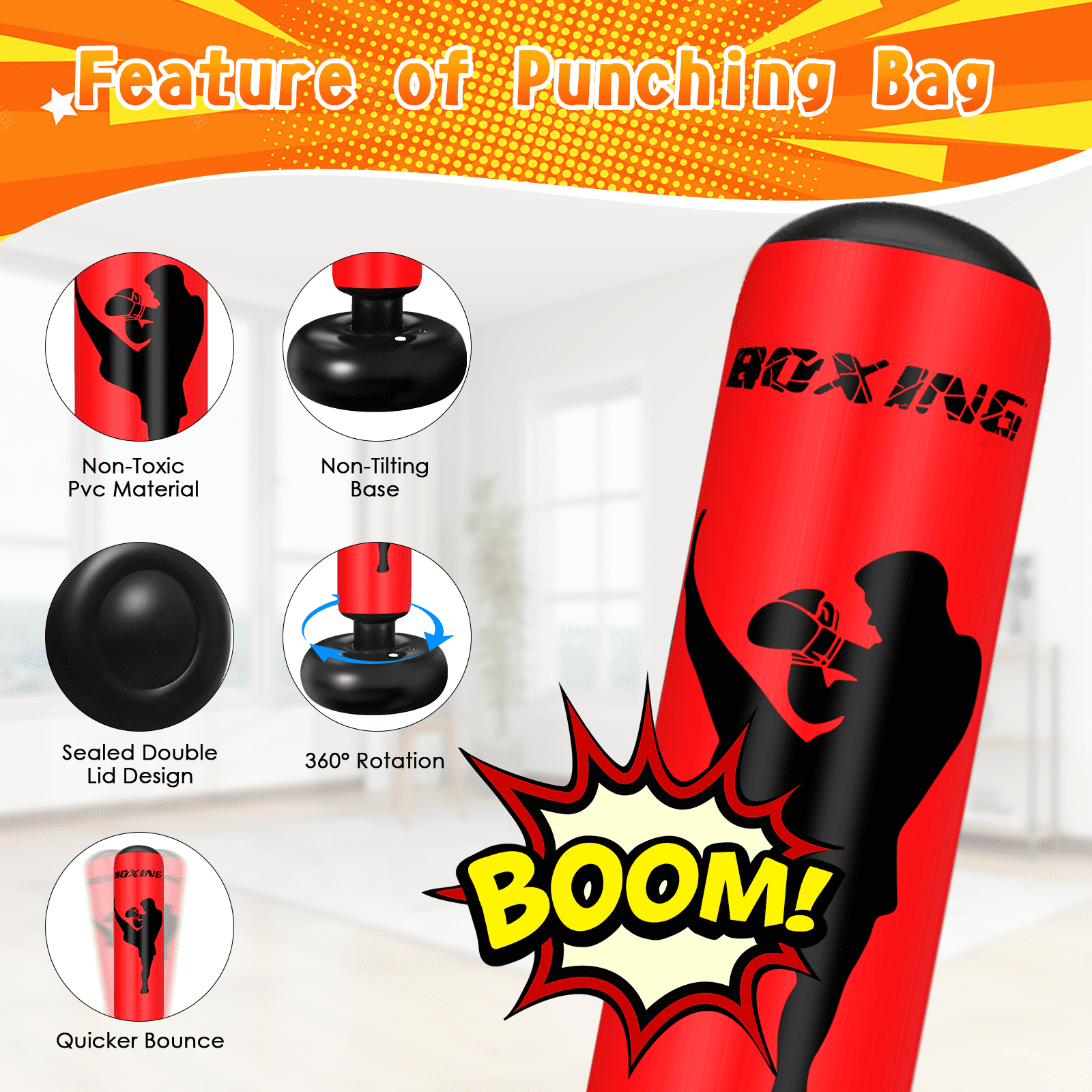 Fohil Punching Bag for Kids Adults, 63 inch Freestanding Heavy Boxing Bag with Boxing Gloves and Pump, Punching Bag Set Toy, for Practicing Karate, Taekwondo, De-Stress, Gifts