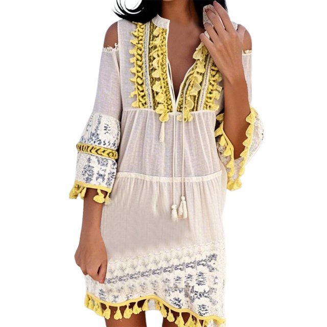 Vestido de encaje con cuello en V y hombros descubiertos para mujer - Vacaciones de verano en la playa - Cordón ajustable - Tejido de encaje - Tallas S-XXXXXL