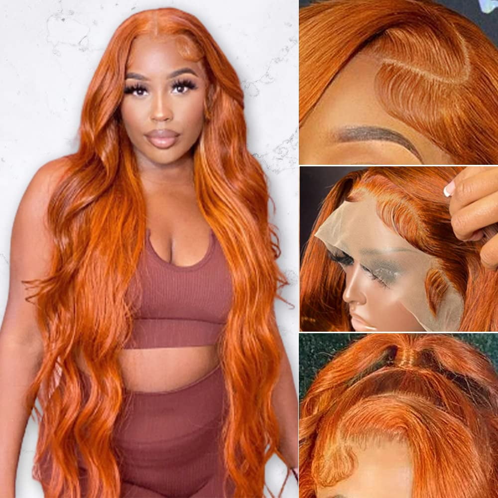 selamun 34 inch ginger Orange Lace Front Wigs Human Hair Pre Plucked Hairline with Baby Hair Body Wave 13x4 HD Lace Frontal Human Hair colored Wig 150 Density Brazilian Hair 88J color