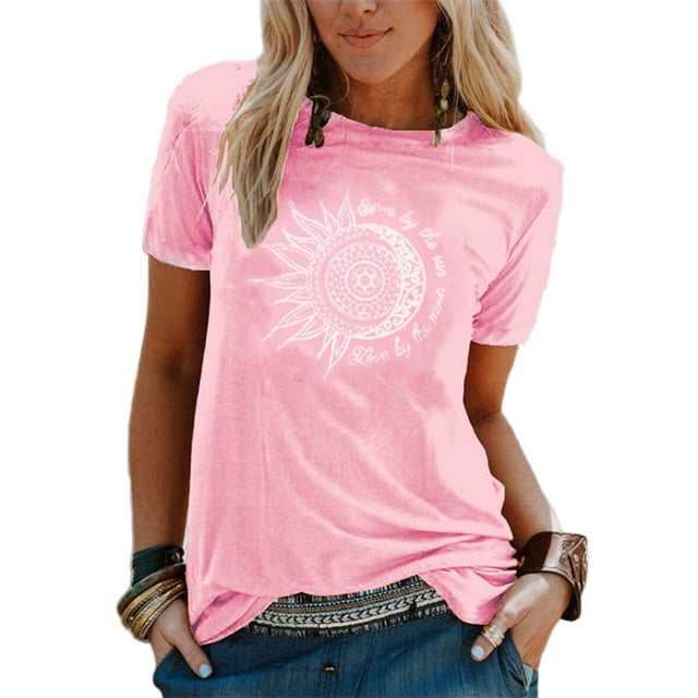 Daeful Tee Col Rond T-Shirt Imprimé Soleil Lune Hauts Femmes Boho Boho Tunique à Manches Courtes Blouse Rose TG