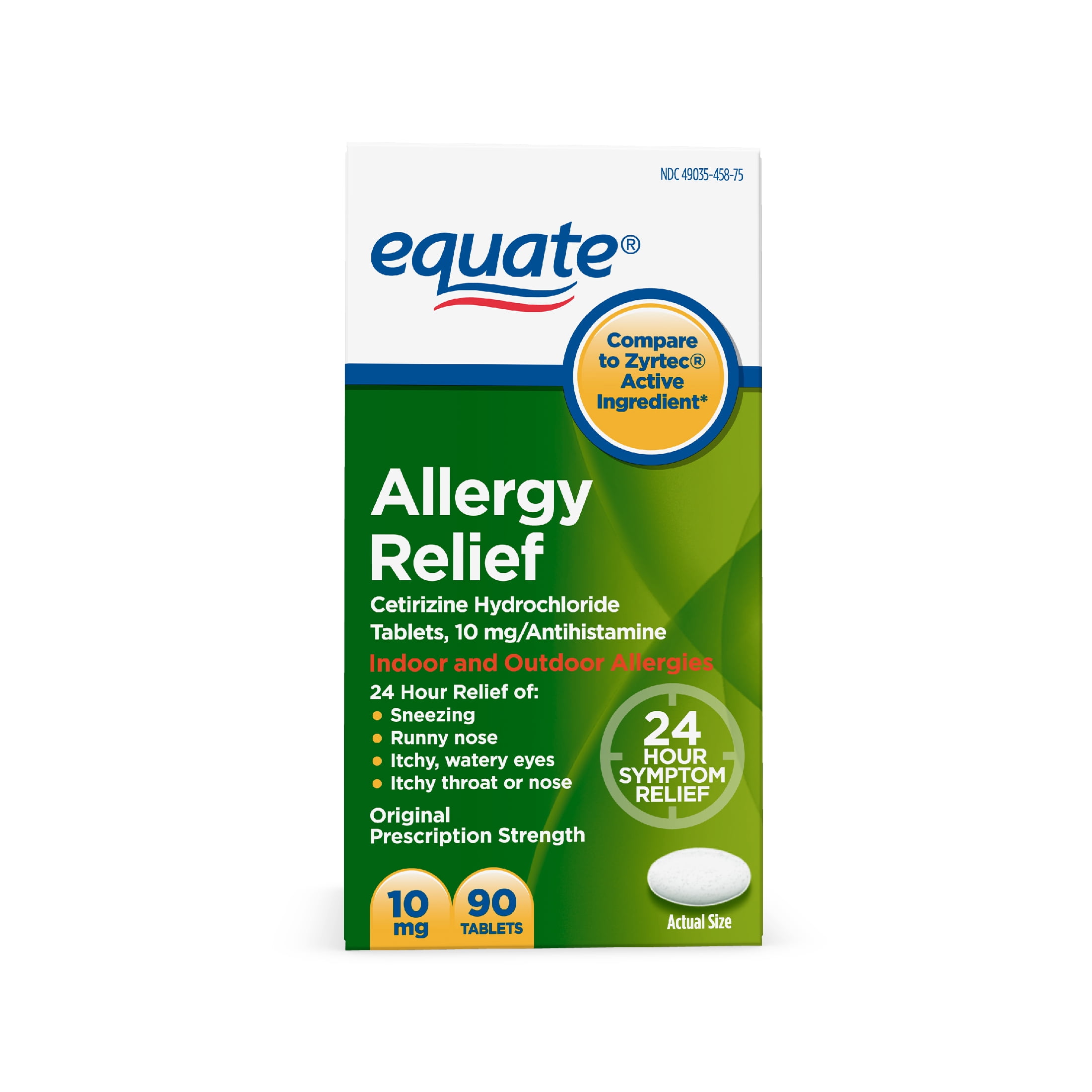 Equate 24 Hour Allergy, Cetirizine Hydrochloride Tablets, 10 mg, 90 Count