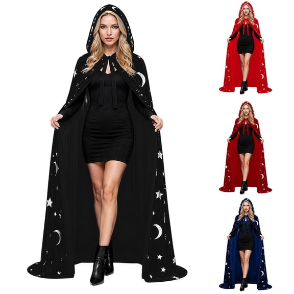 Women Velvet Long Hooded Cloak, Halloween Star Moon Print Front Tie Cape, Ladies Gothic Performance Cape XS-3XL
