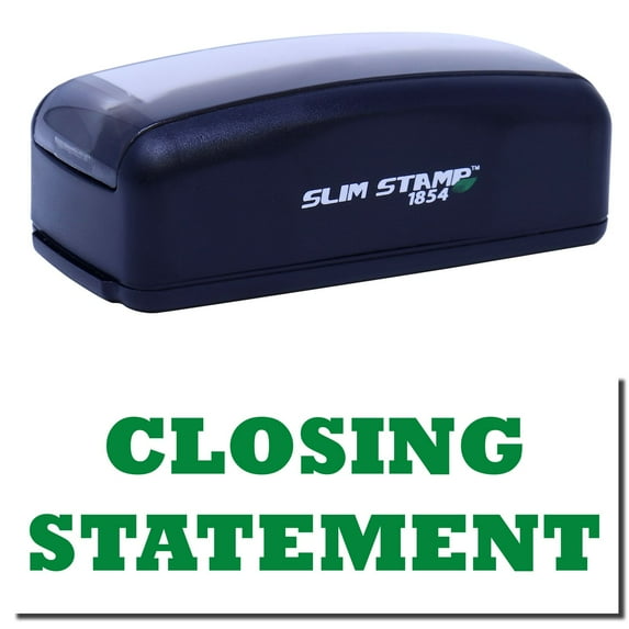 Large Pre-Inked Closing Statement Stamp, Slim 1854, Ultra Slim Design, Impression Size 1-13/16" by 2-1/2", Up to 25,000 Impressions - Green Ink