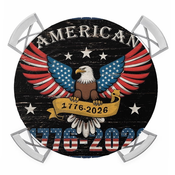 1776-2026 Round Table Cover, July 4th American Bald Eagle Stars and Stripes Waterproof Fitted Tablecloths for 55"-60" Tables, Washable Picnic Table Cover for Camping Dining Indoor Outdoor