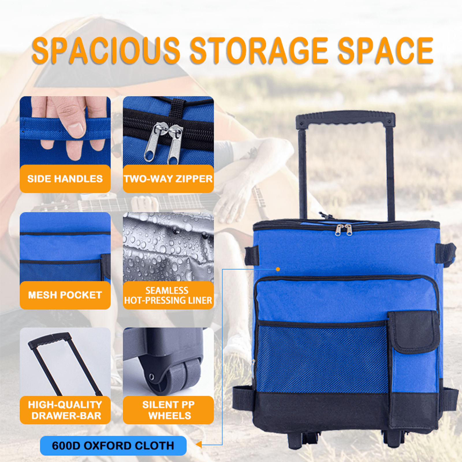Rolling Cooler, HDJ 43L Large Leakproof Soft Cooler Bag with Wheels and Handle for Beach Camping Patio Travel Outdoor, Blue