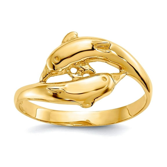 14k Yellow Gold Solid Polished Double Dolphins Ring Size 6.50-Ring for Women - 2.4 Grams