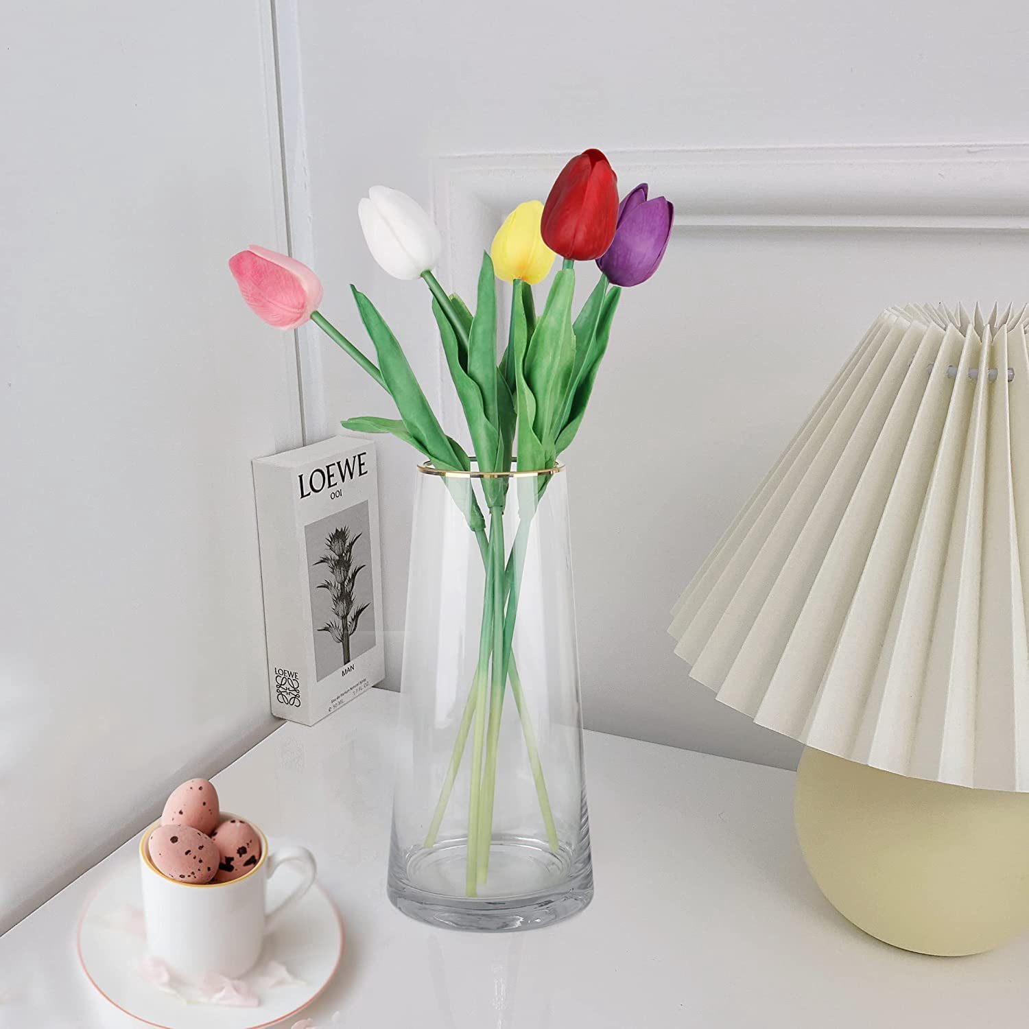 HAOSHICS 30pcs Artificial Tulips Flowers Fake Latex Tulip Stems - Real Touch Faux Colorful,for Easter Spring Wedding Bouquet Centerpiece Floral Arrangement Wedding Table Decor (Multi-color02)
