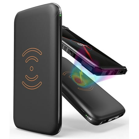 Wireless Phone Charger, Black Qi Charging Pad with 8000mAh Portable Battery Power Bank for Mobile Phone - Samsung Galaxy Note 8, S6/S7/S8/S9, iPhone 8/X, Motorola Droid Turbo, etc