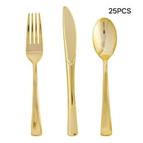 ACDANC Tableware Disposable Gold Color Plastic Tableware Cutlery Spoon Fork Set 25PC