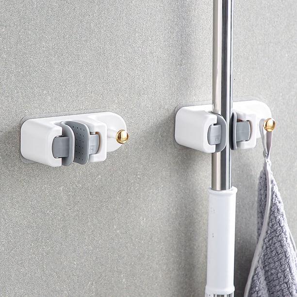 Montaje de pared con clip de fregona, almacenamiento que ahorra espacio, soporte de carga fuerte, colgado estable, plástico, fácil instalación en baño de cocina, blanco, gris, 2pc, 11,9x4,7x3,8cm