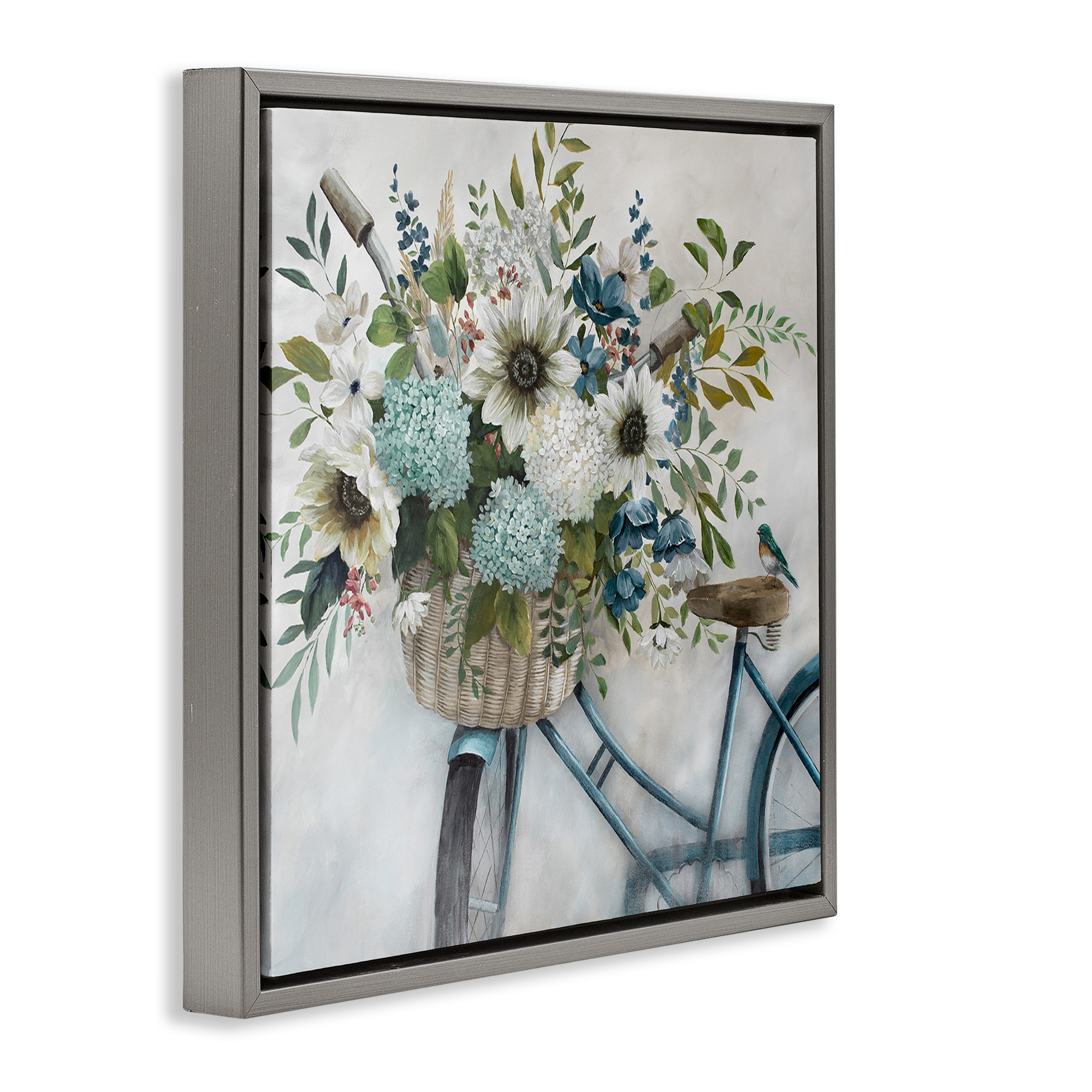 Stupell Industries Floral Bike Basket Transportation Painting Gray Floater Framed Canvas Art Print Wall Art, 18 x 18