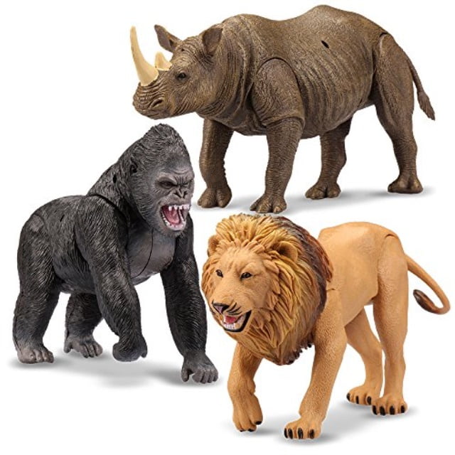 Kid Galaxy Lion, Rhino, Gorilla Plastic Educational Posable Safari