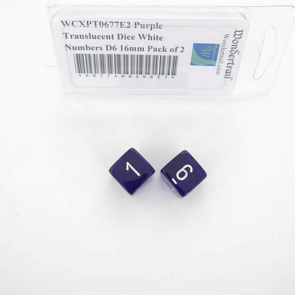 Purple Translucent Dice with White Numbers D6 Aprox 16mm (5/8in) Pack of 2 Wondertrail