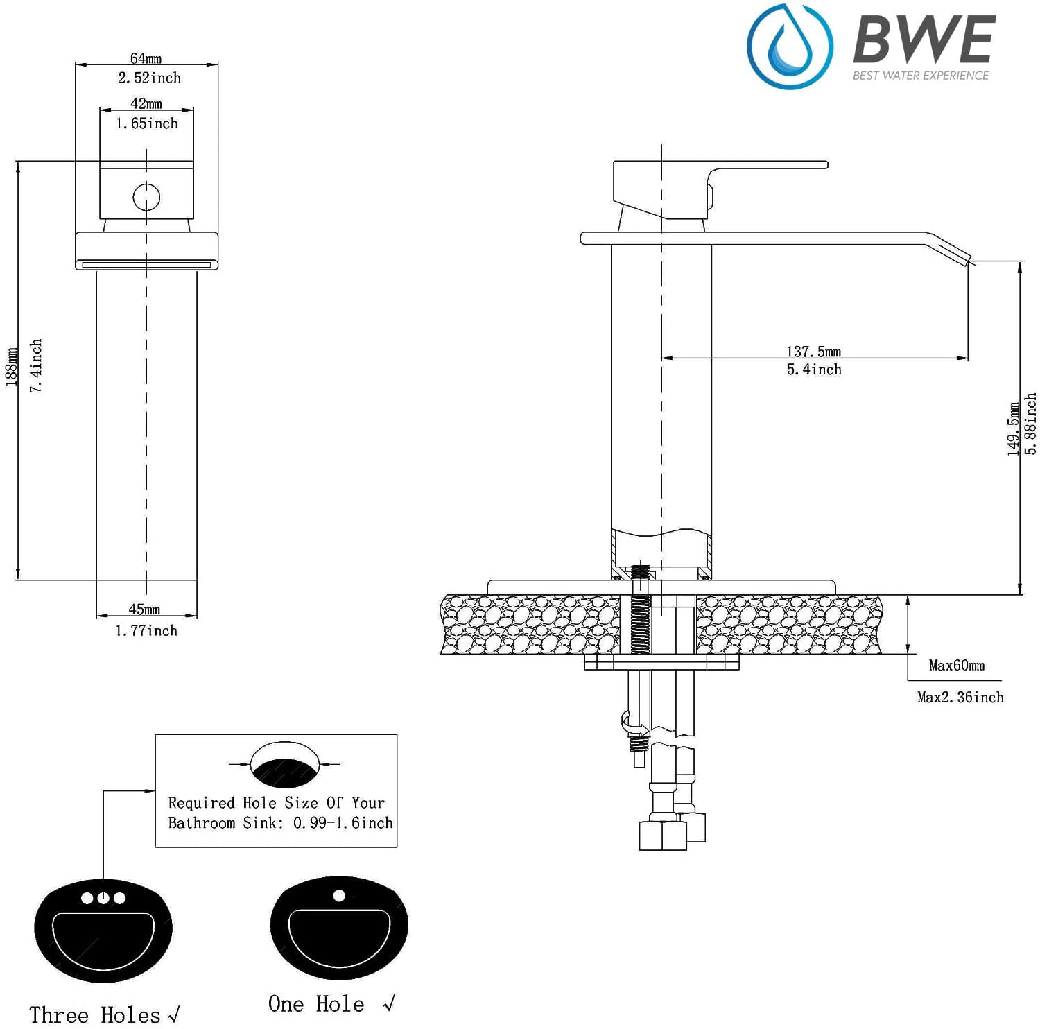 BWE Matte Black Bathroom Faucet Modern Waterfall Single Hole Bathroom Sink Faucet Parts Square Spout Bath Lavatory Vanity and Supply Hose Single Handle