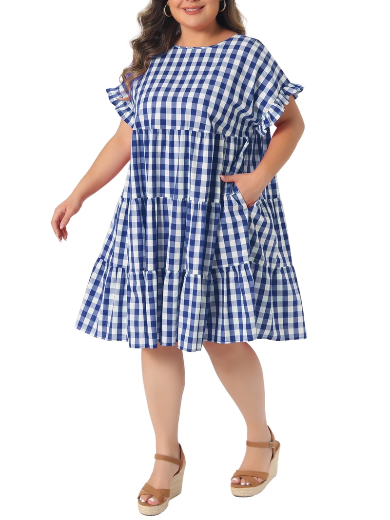 Agnes Orinda Women's Plus Size Gingham Dresses 1950s Plaid Round Neck Ruffle Sleeve Tiered Babydoll Summer Casual Midi Dress with Pocket 3X Royal Blue