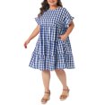 thumbnail image 4 of Agnes Orinda Women's Plus Size Mother's Day Gingham Dresses 1950s Plaid Round Neck Ruffle Sleeve Tiered Babydoll Summer Casual Midi Dress with Pocket 1X Royal Blue, 4 of 6