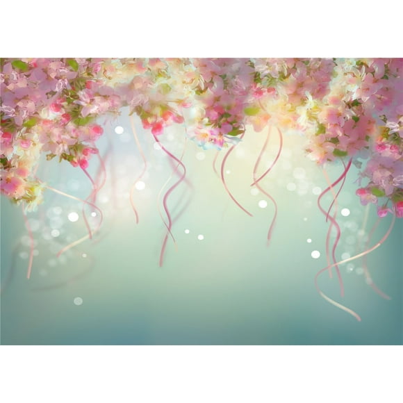 EREHome Polyester Fabric 5x7ft Green Photography Backdrops White Dots Background Pink Flowers Photo Backgrounds for Baby 1st Month Birthday Backdrop