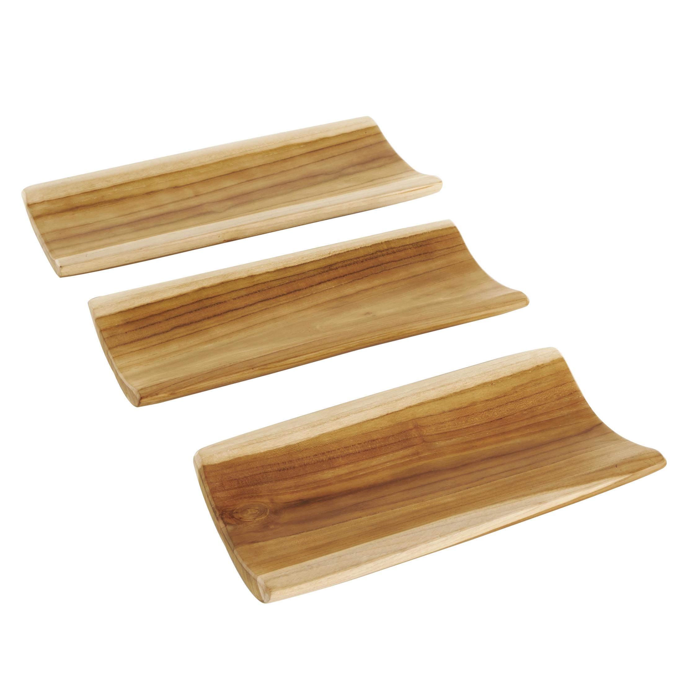 DecMode 18", 16", 14"W Brown Teak Wood Handmade Curved Tray, 3-Pieces