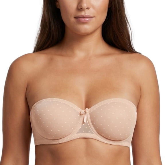MELENECA Women's Strapless Sheer Lace Minimizer Bandeau Underwire Bra Invisible See-Through Non-Padded Anti-Slip Multiway Bra Beige 38D