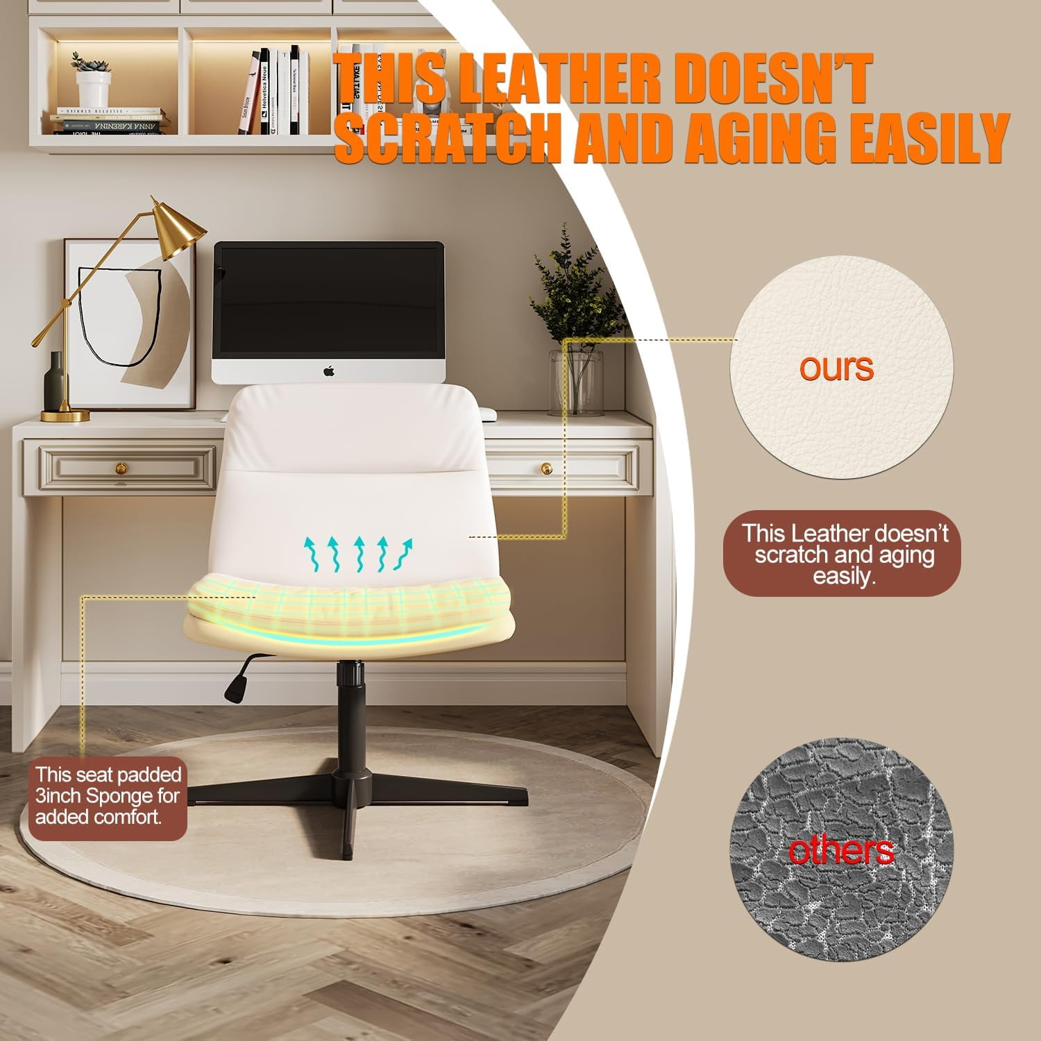 Armless Criss Cross Chair Comfy Cross Legged Home Office Desk Chair Computer Chair Vanity Chair for Makeup Room, Living Room Chairs (Cream)
