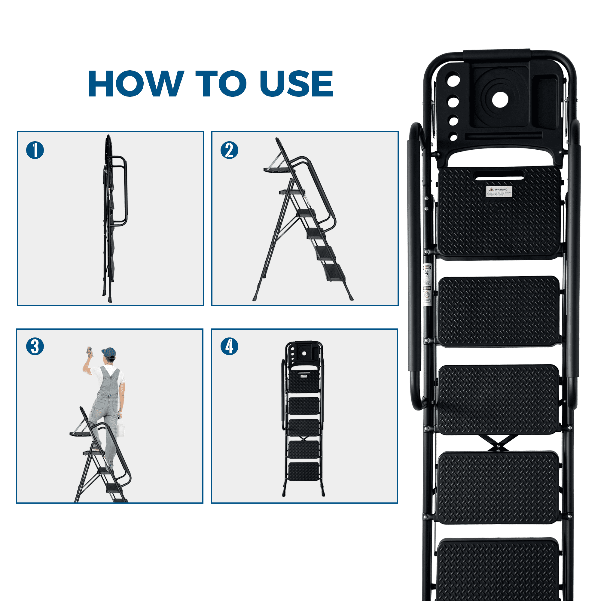 Step Ladder, Folding Step Stool with Wide Anti-Slip Pedal, Sturdy Steel Ladder, Convenient Handrail, Lightweight, Portable Steel Step Stool