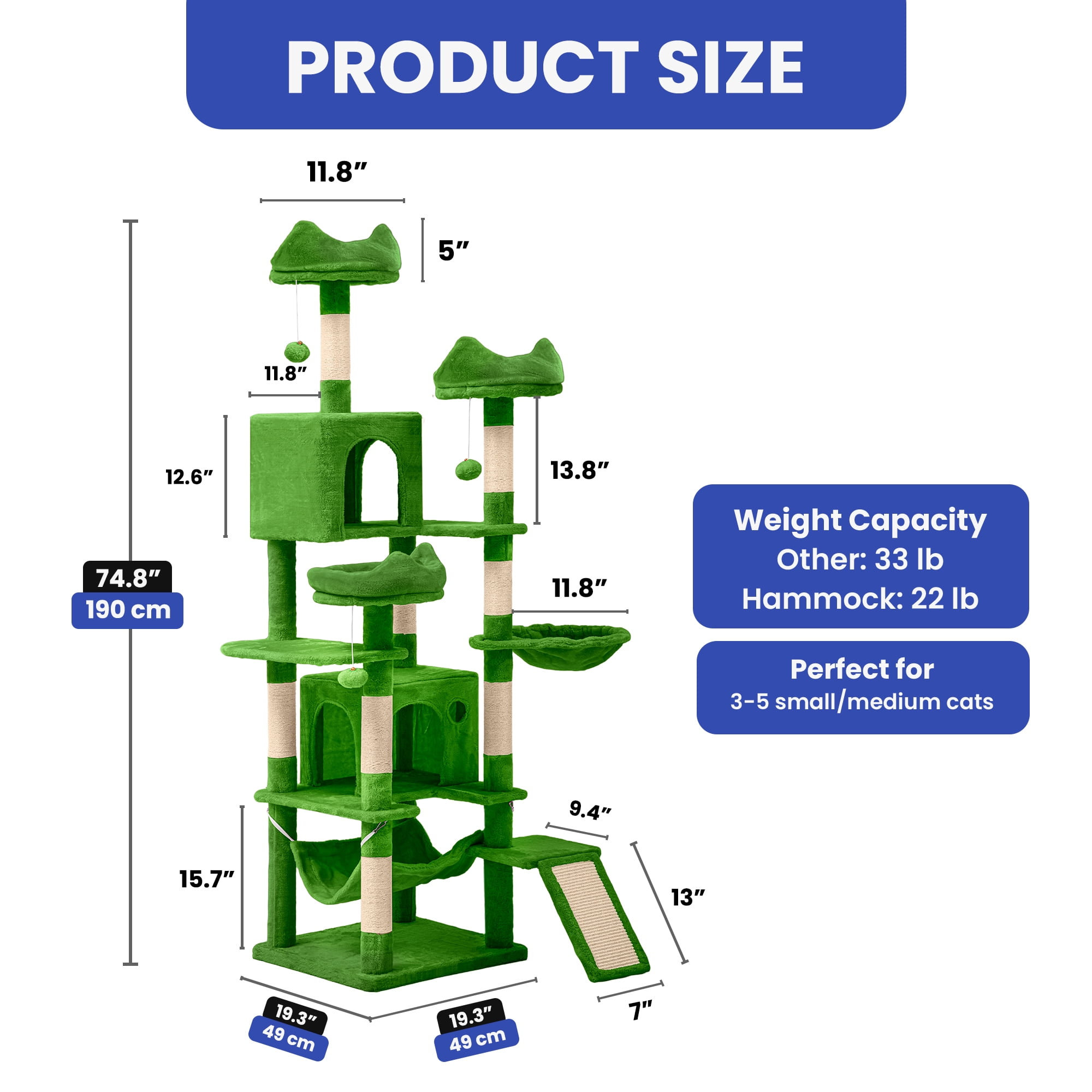 ModFusion 75" Tall Green Cat Tree Tower with Hammock, Playhouse & Scratching Posts for Indoor Cats