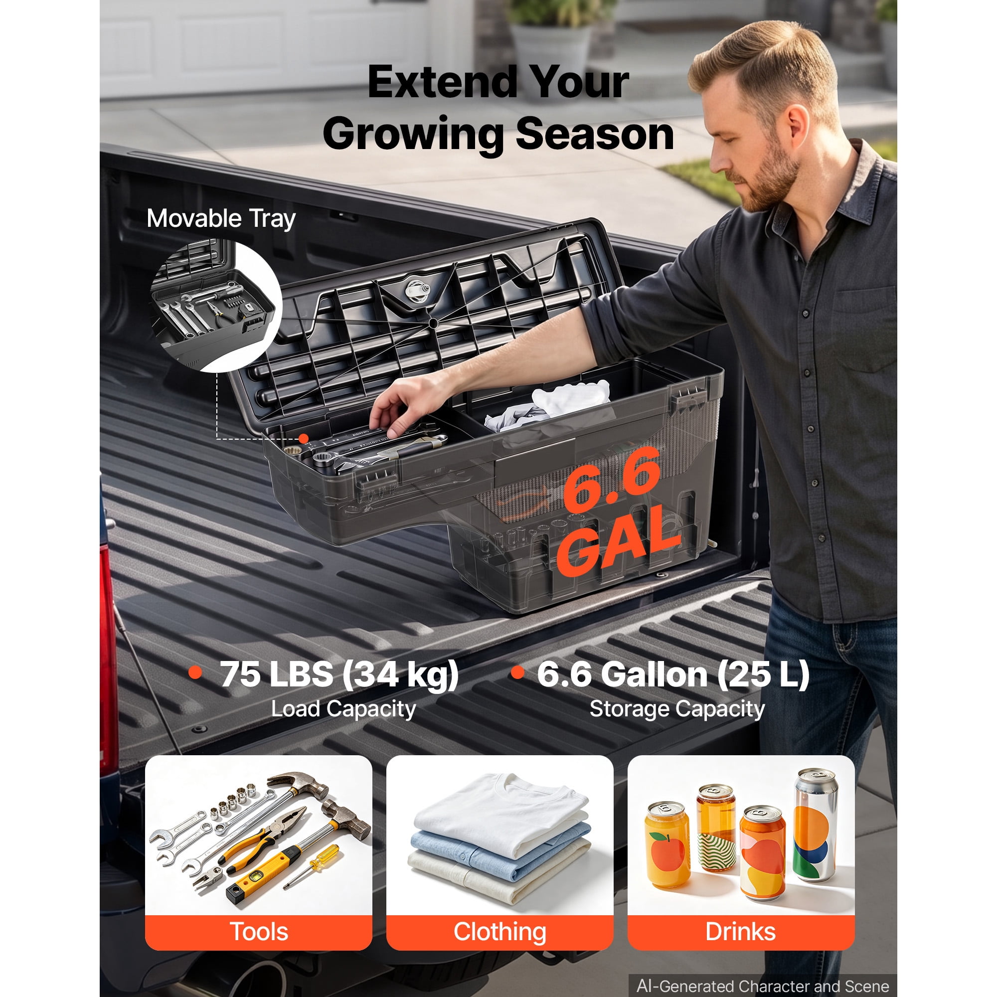 KFFKFF Truck Bed Storage Box, 6.6 Gal/25 L Waterproof ABS Wheel Well Tool Organizer with Combination Lock, Fits 1997-2014 Ford F-150, Passenger Side Right (Drilling Required)
