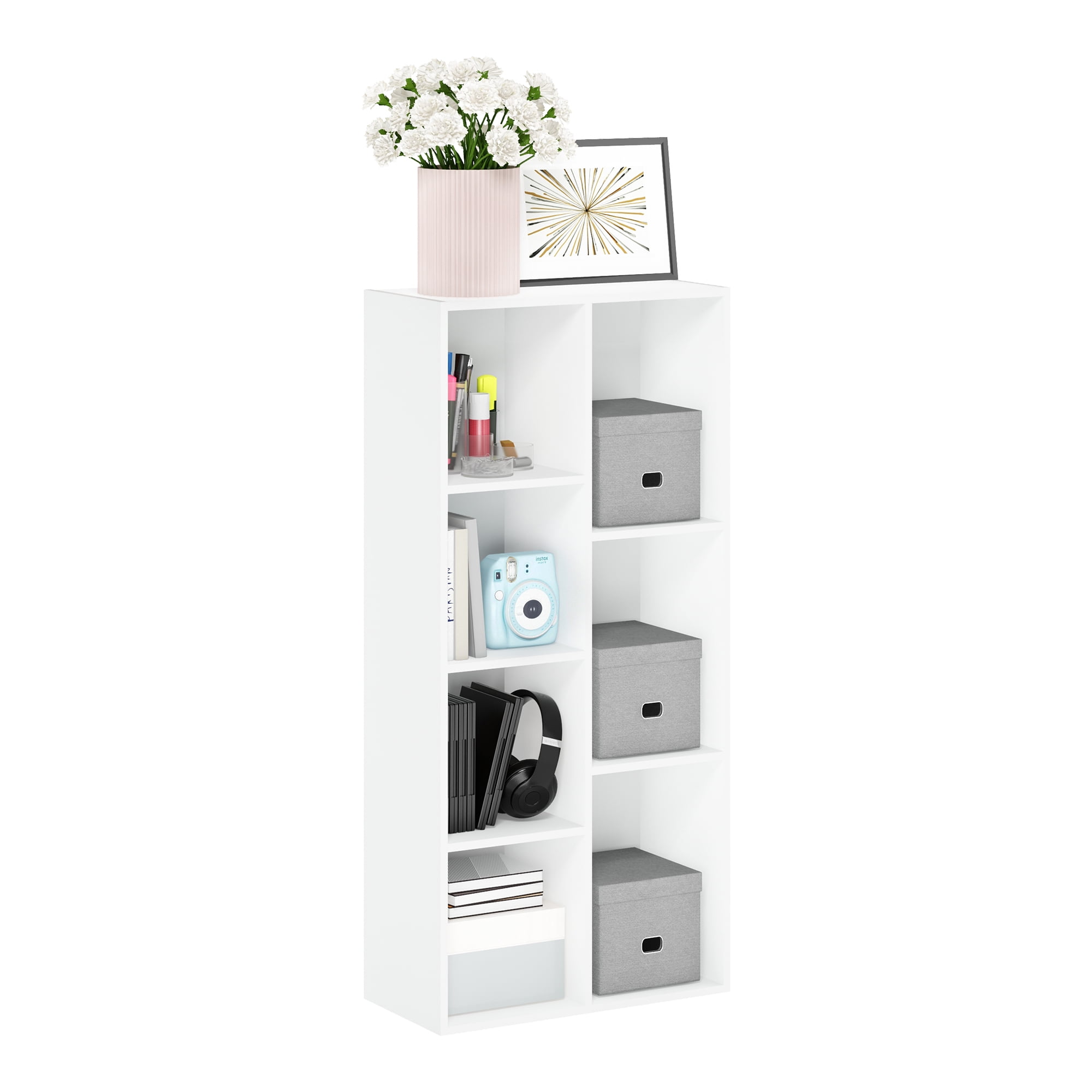 Furinno LUDER Book Shelf, 7-Cube Bookshelf, Bookcase, 9.4 x 19.5 x 41.7, for Living Room, Bedroom, Home Office, Plain White