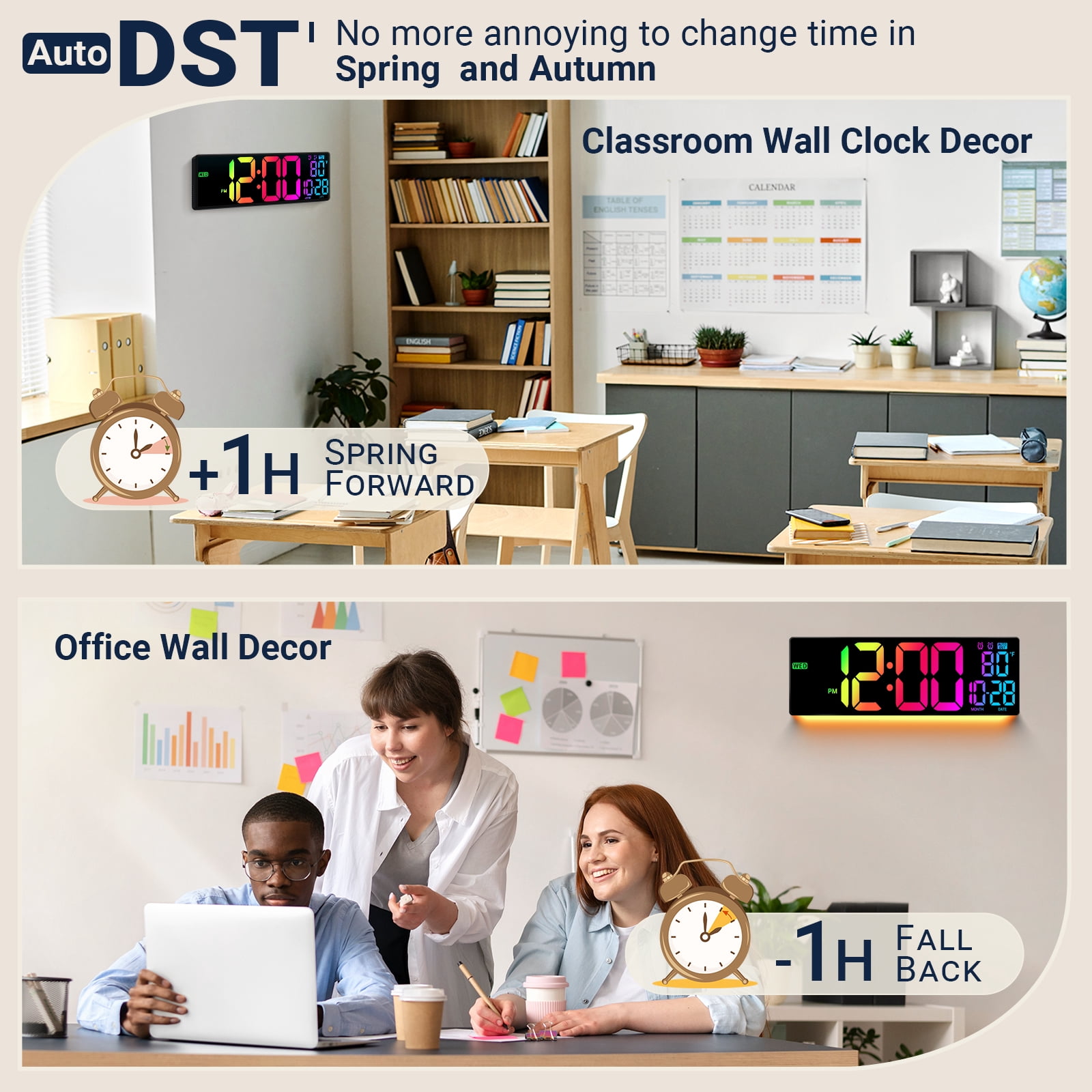 16" Large Digital Wall Mount Clock, Count Down Timer, Alarm, Big LED, DST, Temperature for Living Room Classroom Desk, Xmas, Birthday Gift for Senior Men Women Mom Dad, Colorful