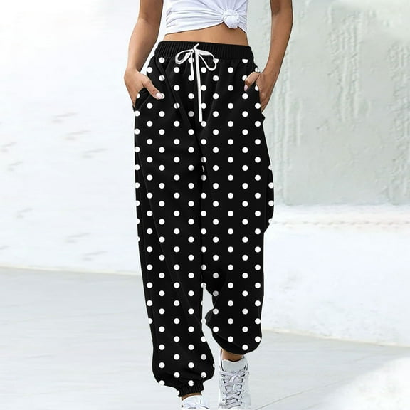 Blmnix Comfy Women's Athletic Pants Joggers Polka Dot High Waist Black Plus Size Womens Pants Ankle Jogger Trousers