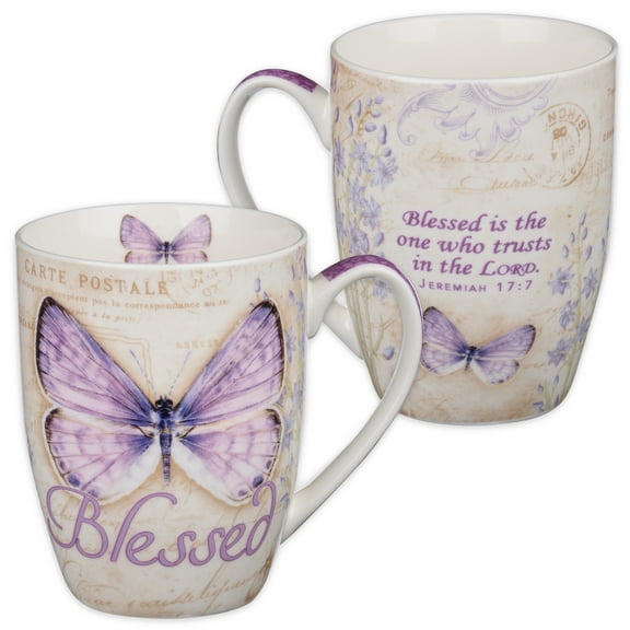 Blessed Butterfly Mug – Botanic Purple Butterfly Coffee Mug w/Jeremiah 17:7, Bible Verse Mug for Women and Men – Inspirational Coffee Cup and Christian Gifts (12-ounce Ceramic Cup)