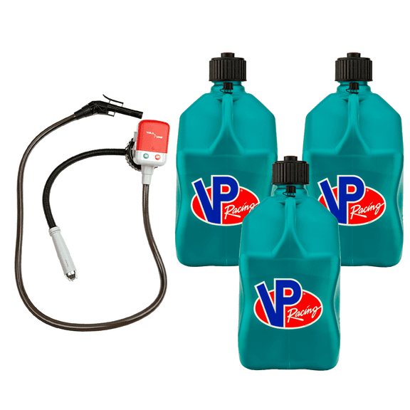 VP Racing 3622-CA, 5.5-Gallon Square Motorsport Jug Caribbean (3 Pack), w/Utility Jug Battery Powered Fuel Transfer Pump (1 Pack)