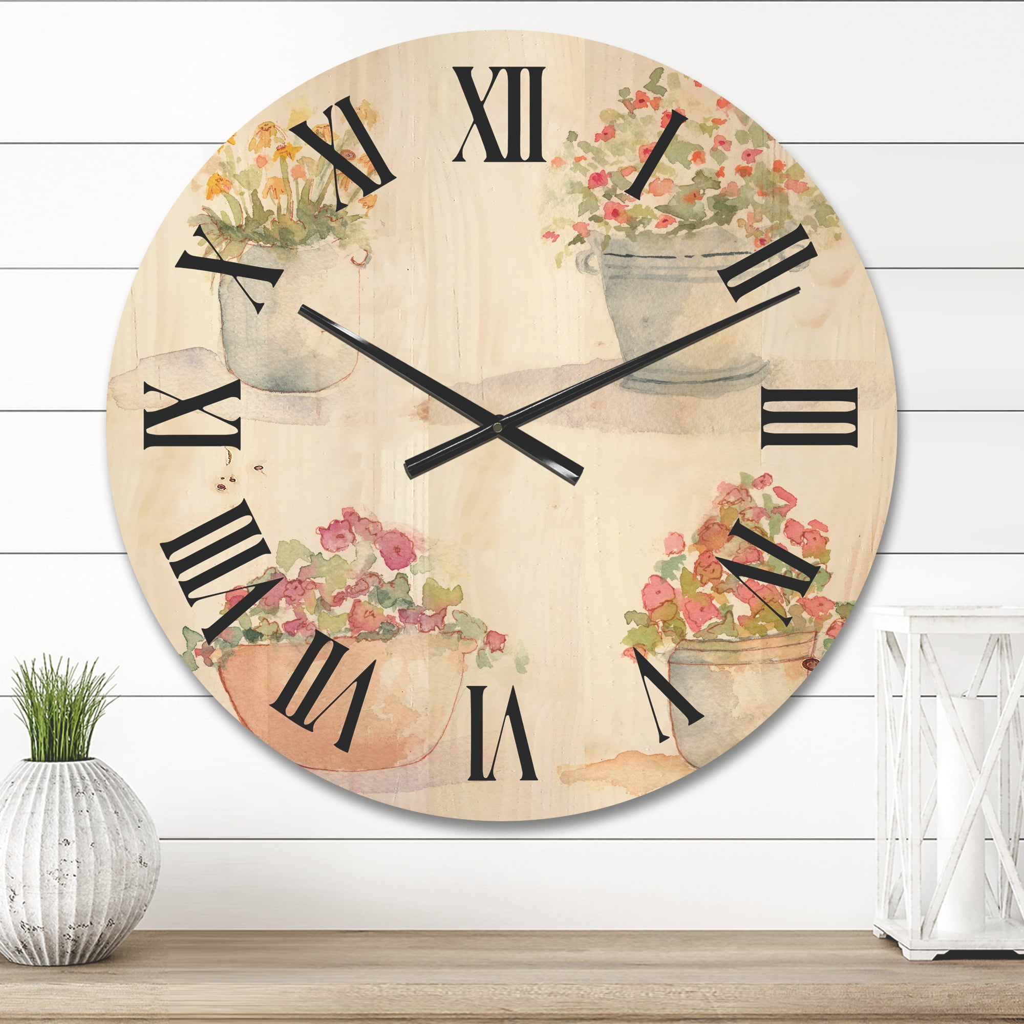 Designart 'Abstract Four Outdoor Flower Pots' Traditional Wood Wall Clock