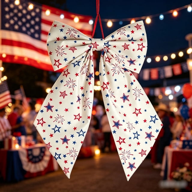 CaiYueKe Independence Day Bow Decoration Red White Blue Patriotic Door Hanging with Star Print, Reusable Holiday Party Decor for Wreaths Mantels Porch Decorations