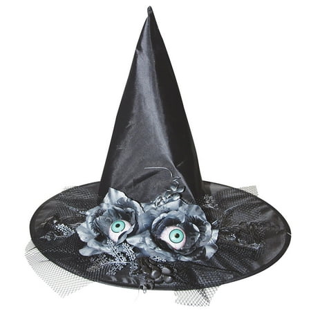 17in. Witch Hat with Eyes and Flowers Halloween Decoration