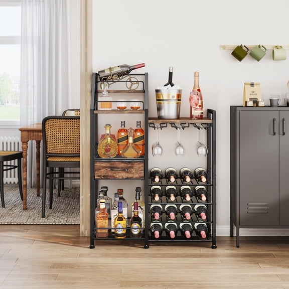Wine Rack Freestanding Floor - Multi-Tier Liquor Cabinet with Fabric Drawer, Liquor Bottle Display Shelf with Glass Holder, Vintage Whiskey Cabinet for Home